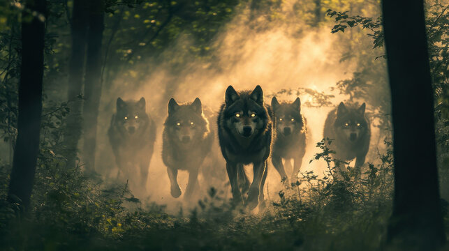 Wild wolf pack moving through a misty forest, strong and powerful energy, glowing eyes visible in the shadows &mdash;ar 16:9 