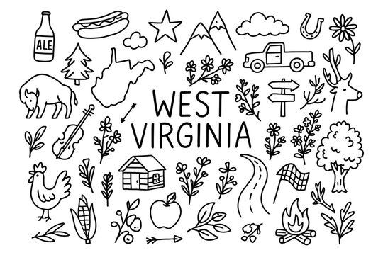 West virginia icons: hand-drawn elements featuring nature, wildlife, and local culture