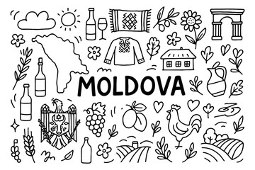Obraz premium Moldova symbols in doodle style featuring traditional and cultural icons