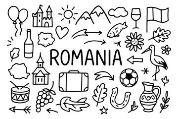 Romania doodles: cultural icons in hand-drawn style with travel motifs