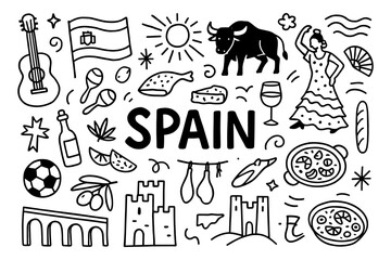 Obraz premium Iconic symbols of spain in a playful doodle design
