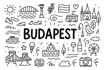 Naklejka premium Hand-drawn budapest elements: landmarks, food, and culture