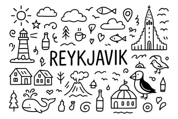 Fototapeta premium Reykjavik landmarks and icons: whales, birds, and volcanoes in playful doodle art