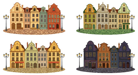 Fototapeta premium colorful european style buildings with street lamps on white background