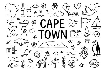 Cape town hand drawn icons collection: culture, landmarks, and nature in one set