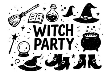 Halloween witch party doodles with magical elements and spooky accessories