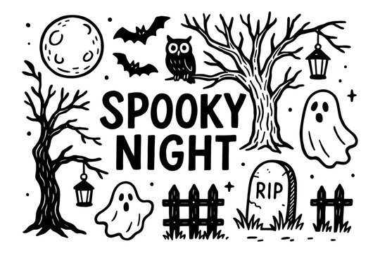 Spooky night: hand-drawn halloween elements with ghosts and bats