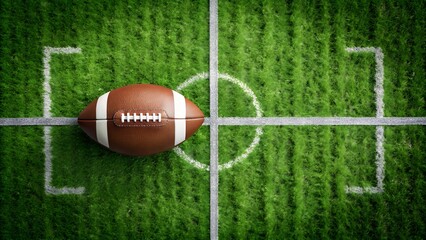 American football on a green grass field with white yard lines and a center circle
