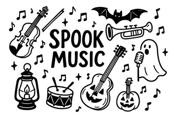 Halloween music night with spooky instruments and ghostly notes