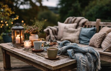 Fototapeta premium Cozy autumn evening on a rustic patio enjoying hot drinks by candlelight