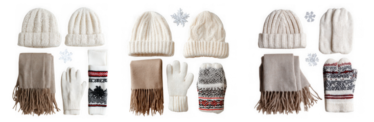 Collection of knitted winter accessories including hats, scarves, and mittens isolated on transparent background for cold weather fashion and gifts