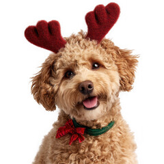 Closeup portrait of a cute dog wearing reindeer antlers and a christmas collar isolated on transparent background, celebrating the holiday season