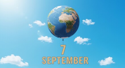 Earth globe balloon floats in a blue sky with scattered clouds, marking September 7th.