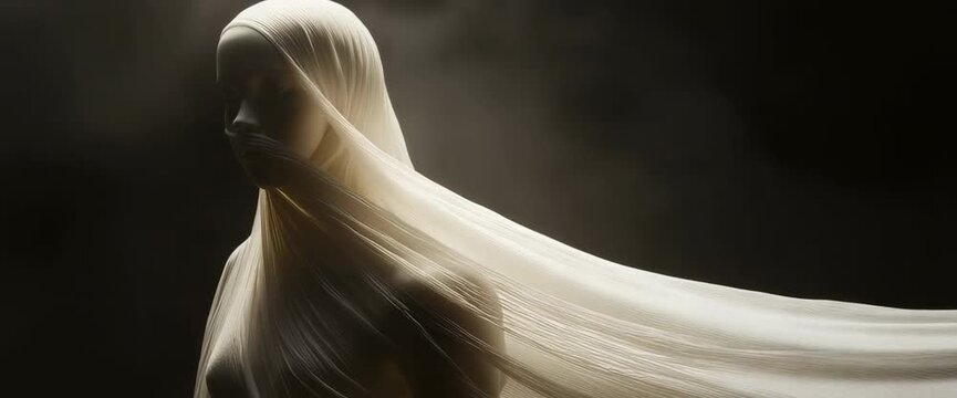Muslim woman in hijab. Mannequin in dress and hijab. Modesty. Religion Islam. A woman is wearing a white veil and is standing in front of a dark background. The image has a mysterious and ethereal moo