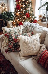 Christmas cushions resting on sofa near decorated christmas tree