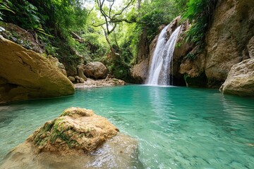 Waterfall cascading into turquoise pool surrounded by lush greenery in a serene jungle setting