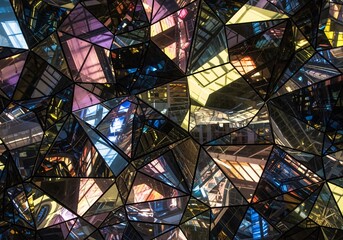 Fototapeta premium Abstract geometric mosaic with colorful reflections and intricate triangular patterns, showcasing a complex design.