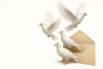 Fototapeta premium White doves fly out of the envelope. Space for text.