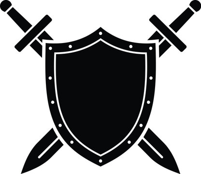 A black shield with two crossed swords on a white background Eps 10