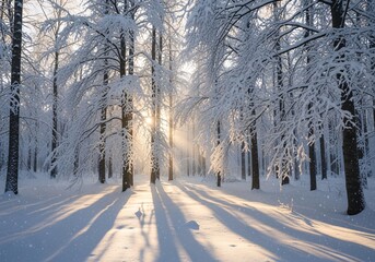 Obraz premium Sunlight filters through snow-covered trees in a winter forest, casting long shadows across the pristine, white landscape.