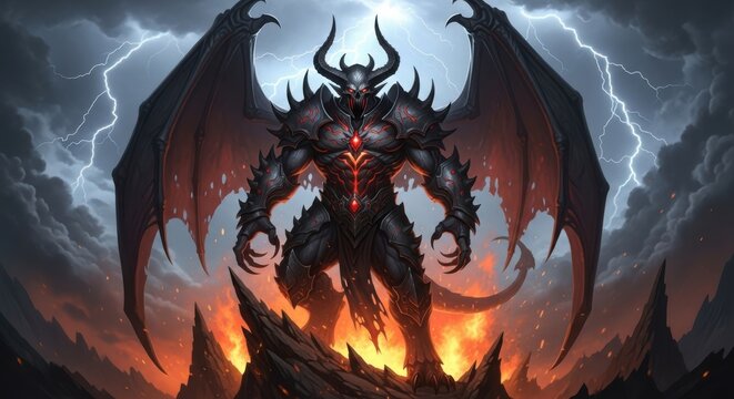 Powerful Demon Lord with Wings and Horns Amidst a Fiery Landscape