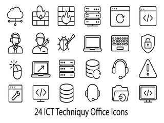 Collection of 24 ict technology office icons isolated on white background