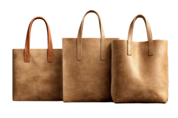 a mockup of three different styles of simple leather tote bags, the bags have no handles and are made from soft, natural light tan-colored cowhide isolated on a transparent background in PNG format.