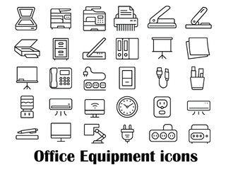 Collection of office equipment icons isolated on white background