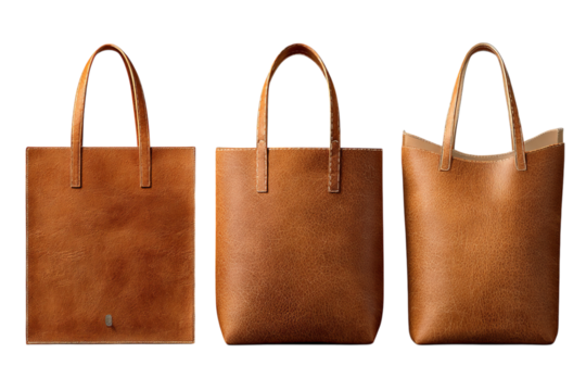 a mockup of three different styles of simple leather tote bags, the bags have no handles and are made from soft, natural light tan-colored cowhide isolated on a transparent background in PNG format.