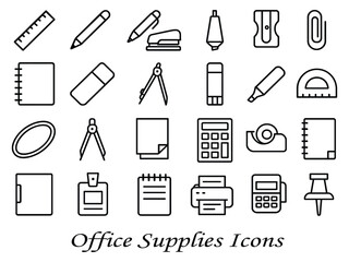 Collection of office supplies icons isolated on white background