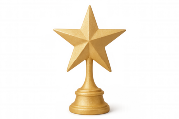 Golden star trophy standing on a transparent background, representing achievement, recognition, and success