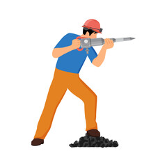 Worker using a jackhammer to break up a pile of coal in a vector illustration