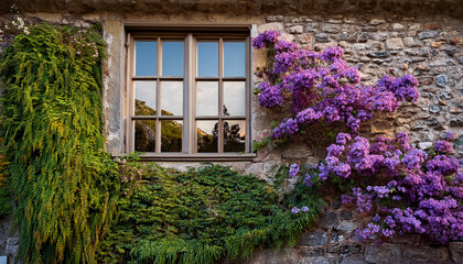 Wisteria flowers near the window high quality photo
