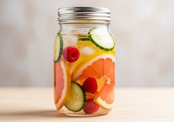 Refreshing infused water in a mason jar filled with grapefruit slices, cucumber, raspberries, and ice cubes, sealed with a silver lid.