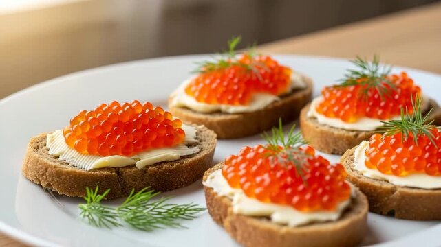 Spoon placing red caviar on buttered sandwich with prepared sandwiches on a plate