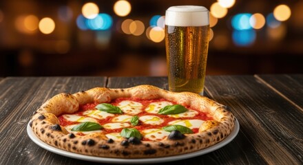 Delicious Neapolitan Pizza with Fresh Mozzarella and Basil Paired with Cold Lager Beer
