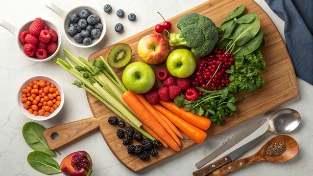 Healthy assortment of fresh fruits and vegetables arranged on a wooden cutting board with cutlery and bowls nearby