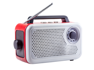 Red and white portable radio with antenna isolated on transparent background