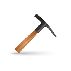 Realistic vector illustration of a mining pickaxe with a wooden handle on a white background