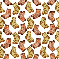 Watercolor seamless pattern with autumn socks in brown and green tones on a white background. Perfect for fabric, wrapping paper, cards, stickers and cozy fall projects