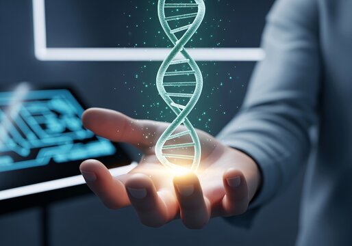 A person's hand holds a glowing, holographic DNA double helix in a futuristic, high-tech laboratory. - Powered by Adobe