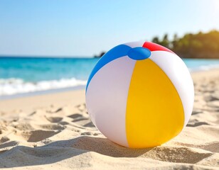 Obraz premium Colorful beach ball on sandy shore