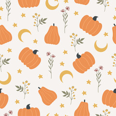 Hand drawn seamless halloween pattern with cute elements in flat style. Botanical and spooky backdrop with flowers, pumpkins, moon and stars. Vector doodle print in pastel colors