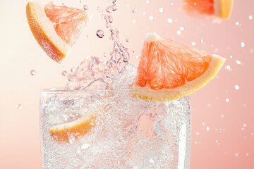Fototapeta premium Refreshing drink with orange slices splashing in clear water 
