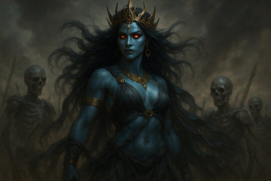 Dark fierce goddess with glowing red eyes and skeleton army symbolizing cosmic power destruction warrior spirit and divine protector