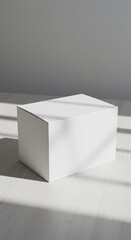 Minimal white cardboard box for packaging placed on clean wooden surface with daylight effect
