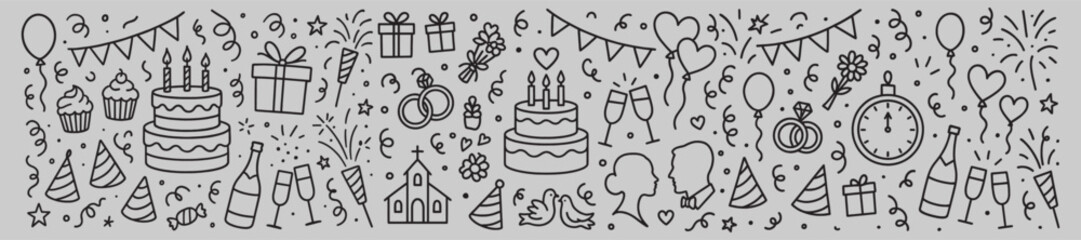 Festive Celebration Doodles Whimsical Line Art Banner Featuring Balloons Cakes Wedding Elements and Confetti for Party and Event Design