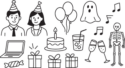 Celebratory Birthday Party Vector Doodle Featuring Guests Gifts Cake Balloons Ghost Drinks and Laptop for Online Festivities