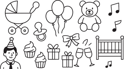 Celebratory Baby Shower Line Art with Pram, Balloons, Gifts, Teddy Bear, Crib and Party Elements for Invitations and Decoration