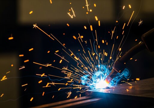 A close-up view of a welding torch creating a brilliant burst of sparks and intense blue light as it joins metal pieces in a dark industrial setting.